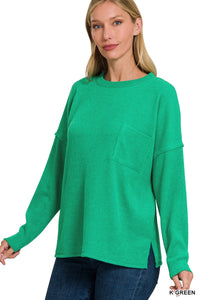 Green Ribbed Sweater with Pocket