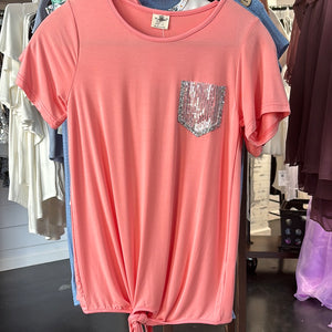 Coral Sequin Pocket Tee