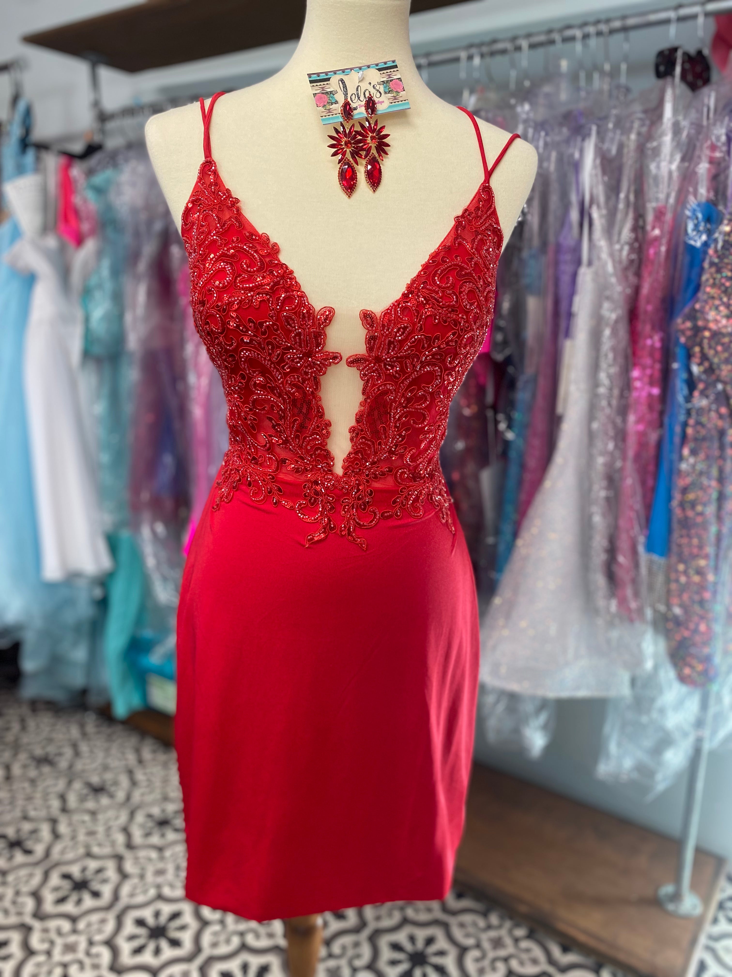 Red Fitted Lace and Sequin Homecoming